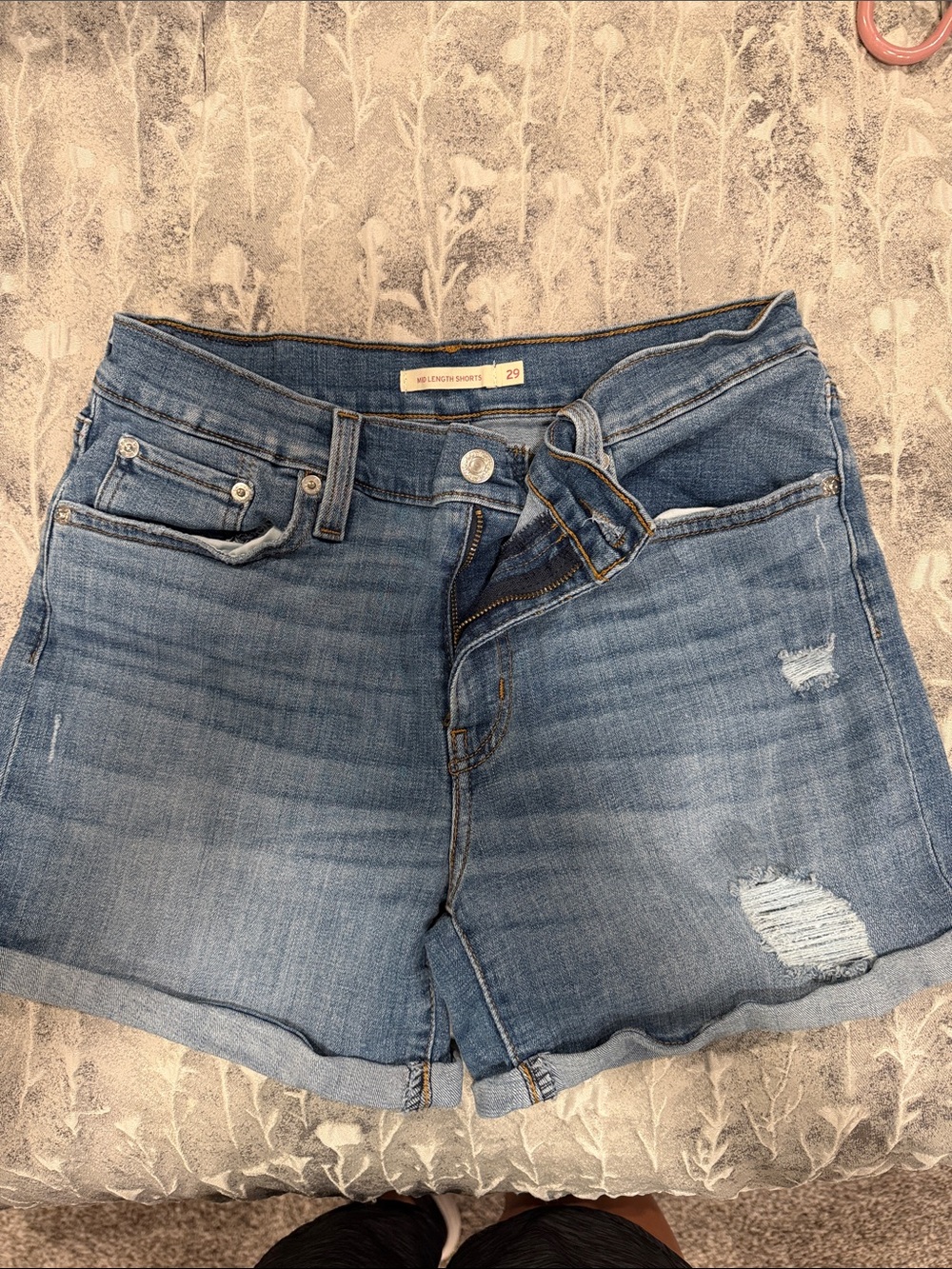 Levi's Medium Blue Distressed Roll-Hem Jean Shorts